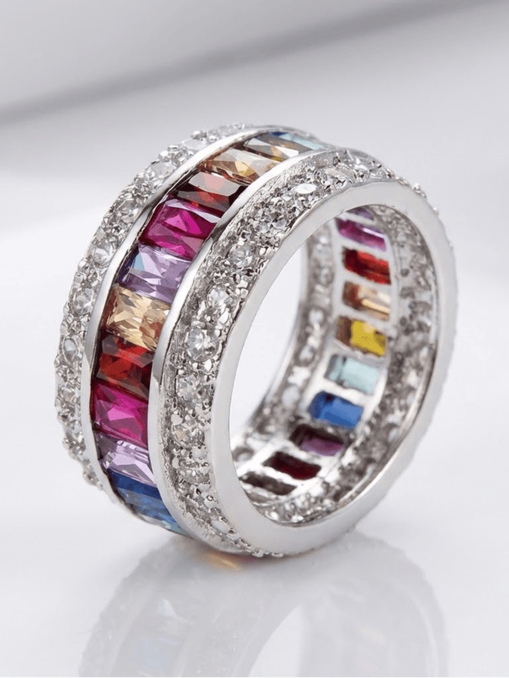 Women's Rainbow Gemstone Eternity Band Ring 925 Silver sz 9